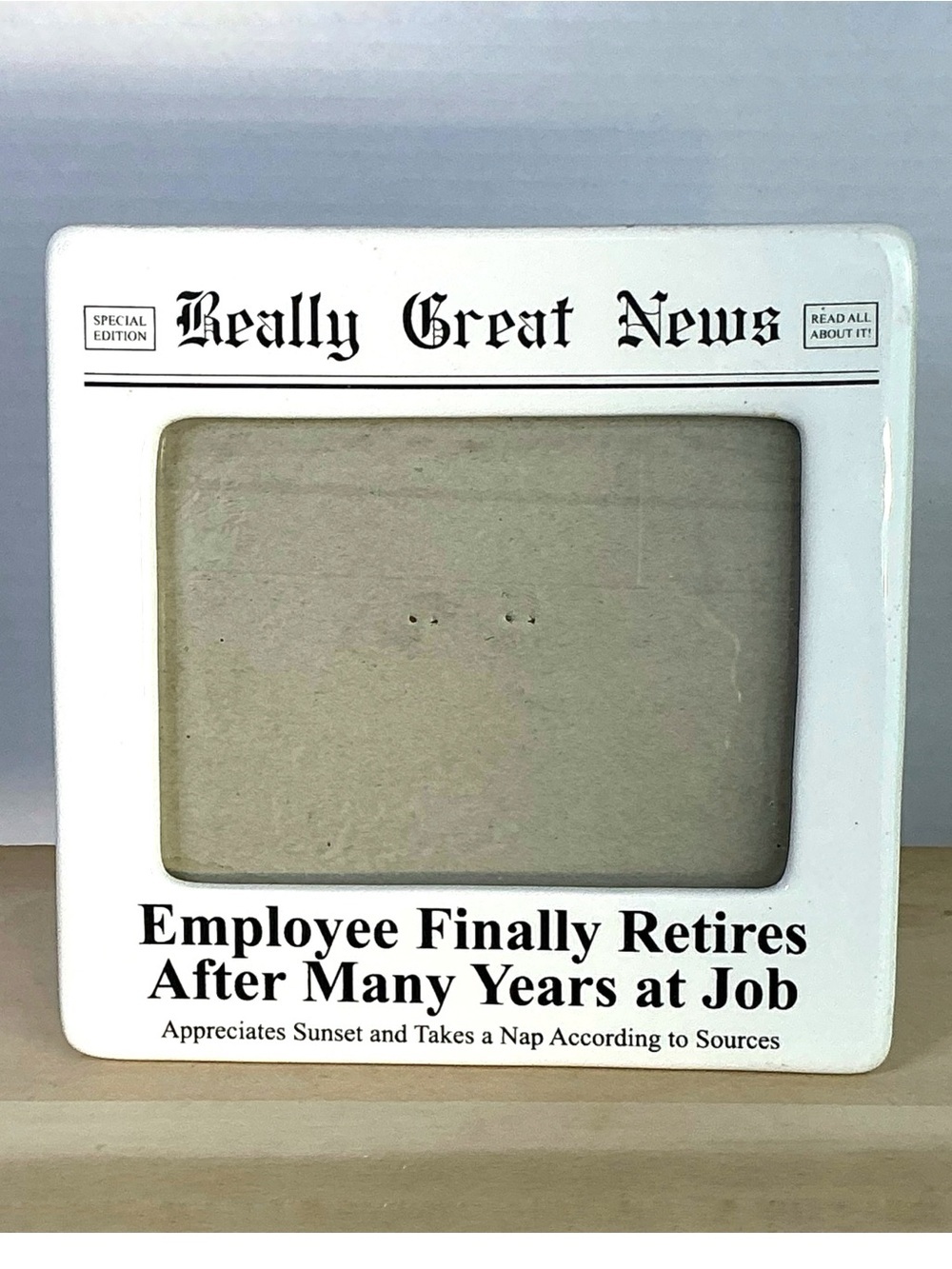 Retirement Photo Frame Vintage Enesco Ceramic Glass Cover Square White Black
